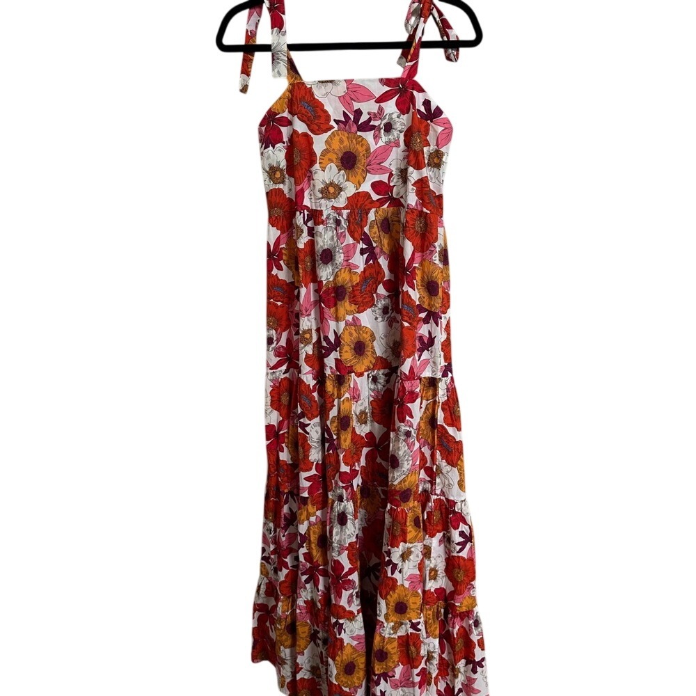 Sur La Vague Floral Tiered‎ Cotton Maxi Dress with Tie Straps M/L